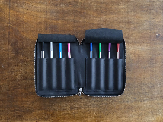 Genuine Leather Handmade 8-Slot Pen Case, Zippered Pencil Pouch, Fountain Matte Black