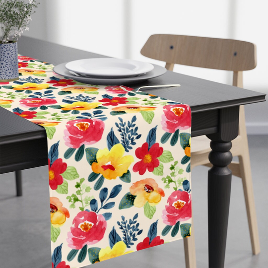 Floral Table Runner, Summer Flower Decor, Watercolor Linens