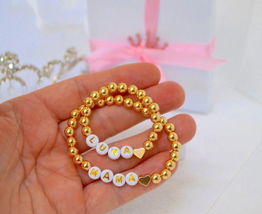 14K Gold Mama & Daughter Personalized Bracelet, Mother Day Gift For Mom Grandma, Heart Baby Shower Gift, Baptism