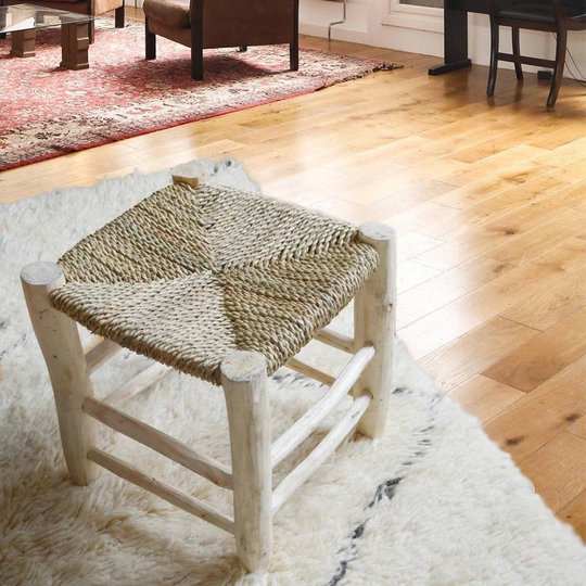 Set Of 2 Straw Stool, Berber Chair Made With Palm Leaves, Moroccan Wood Bench, Vintage Stool Wooden Bench