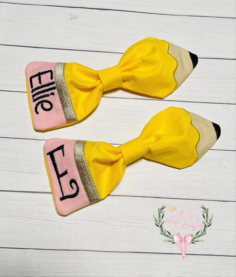 Custom Personalized, Monogrammed Embroidered Back To School Fabric Pencil Hair Bow