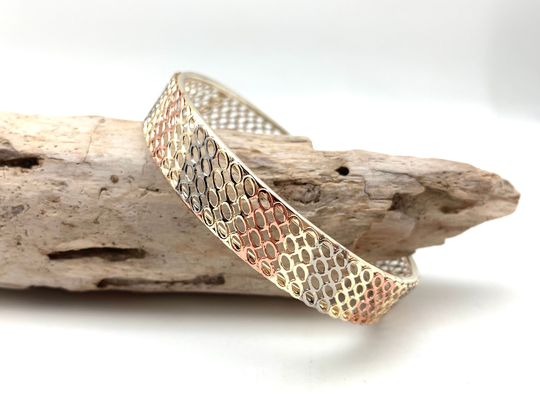 Tri Color Bangle 7"/Mix Metal Rose, Gold, Silver Bracelet Ovals 65mm Diameter 6.5" To Gold Fill