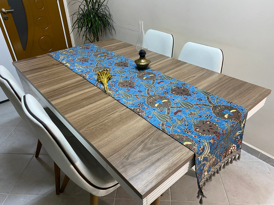 Blue Tulip Pattern Turkish Table Runner, Long Boho Wedding Decor, Gray Farmhouse Rustic Rnr396