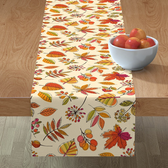 Autumn Leaves Table Runner - By Cressida Carr Green Yellow Red Orange Berries Fall Cotton Sateen Spoonflower