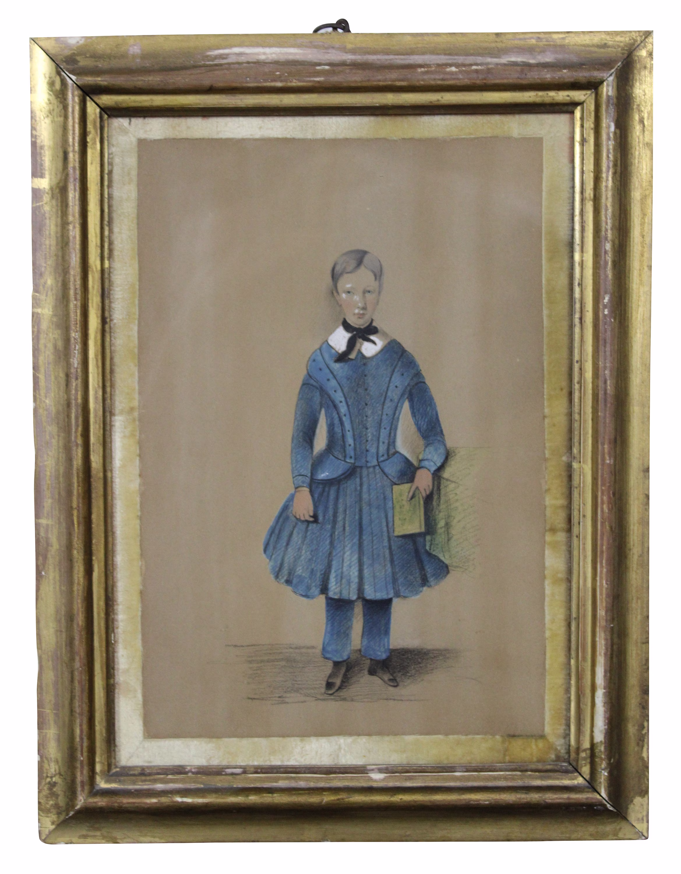 Antique Pencil Drawn Colonial School Boy Portrait Watercolor Painting Americana