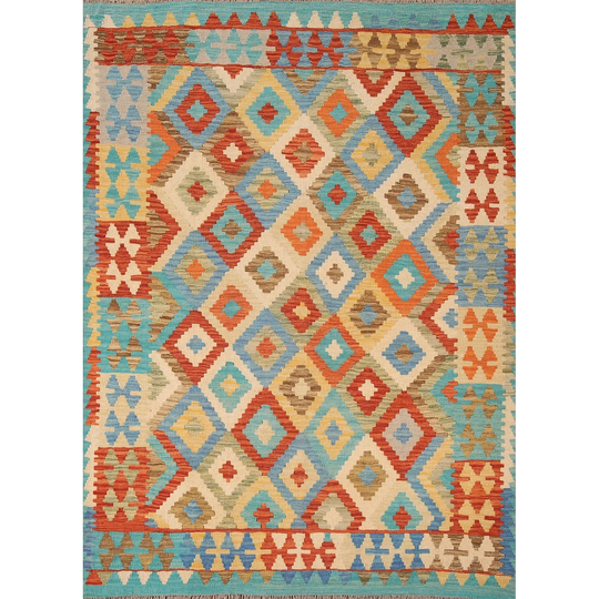 Geometric Kilim Reversible Area Rug Hand-woven Multi-Color Wool Carpet - 5'1" x 6'5"