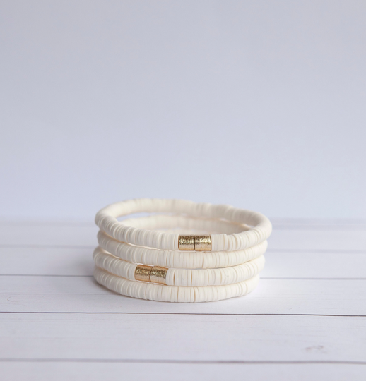 White Clay Disc Stretch Bracelet | 6mm 1 Neutral Jewelry Polymer Stackable Gift For Her