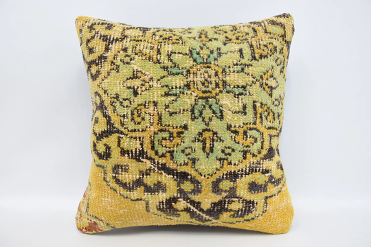 Turkish Pillow, Kilim Pillow Cases, 18x18 Yellow Case, Rug Cushion, Office Chair 1845