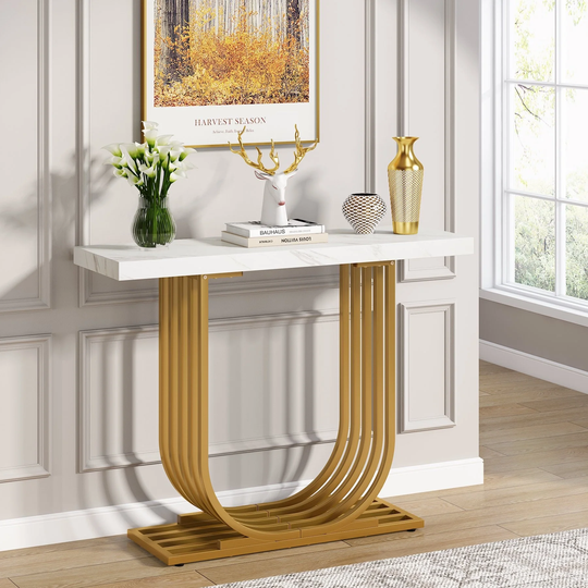 Console Table Foyer Table with Gold Base, 40 Inch Faux Marble Entryway Table Sofa Accent Table for Living Room, Hallway