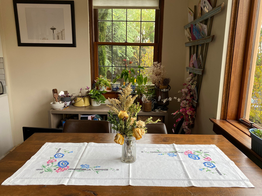 Vintage White Linen Cutwork Table Runner with Embroidered Cross Stitch Flowers, Flower Runner, Mcm Kitchen