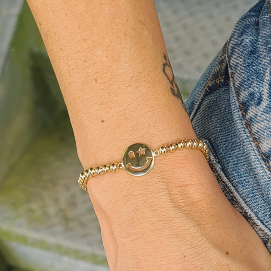 Smiley Face Gold Filled Bracelet, Emoji Isabella Celini, Beaded, Stretch Stacking Gift For Women