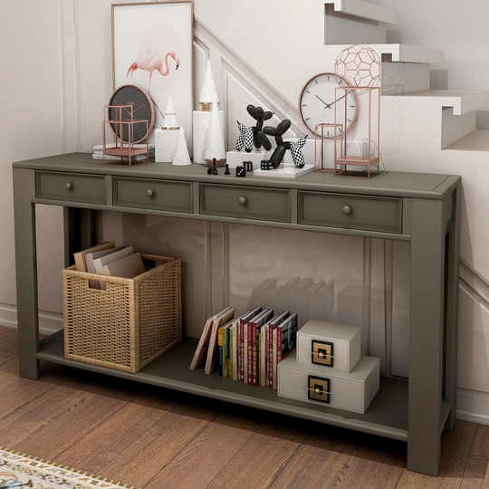 Classical Simplicity Console Table with 4 Storage Drawers & a Bottom Shelf, Chic Sofa Table for Entryway, Hallway, Living Room