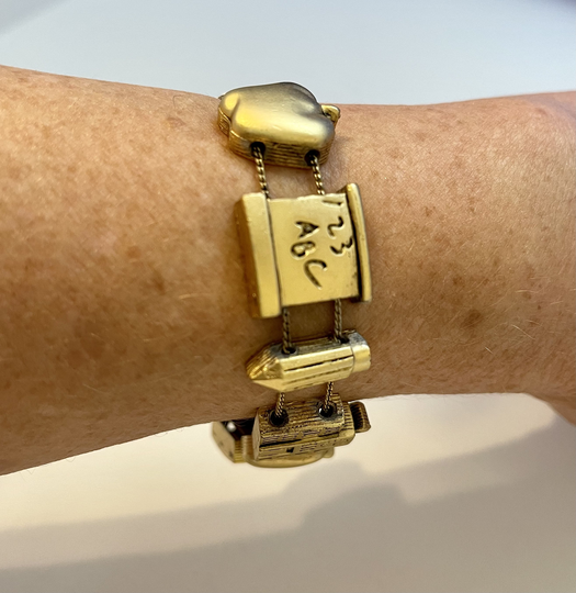 Teacher's Sliding Charm Bracelet. 8 Inch. Apple - School House- Pencil Chalkboard. Teacher Appreciation Gift Boxed