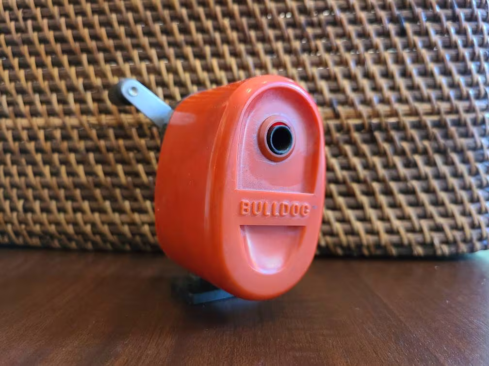 Vintage 1950's Orange Bulldog Desk Mount Mechanical Pencil Sharpener Hunt Mfg Statesville Nc