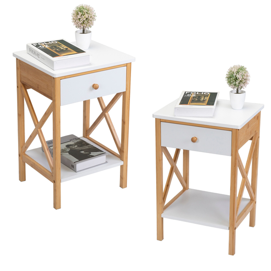 Bamboo Set of 2 Nightstand , Wood End Table with Drawer, Storage Shelf