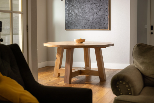 Farmhouse Round Alder Dining Table. Hand Crafted Solid Wood, Rustic & Contemporary. Furniture Accent, Room Centerpiece