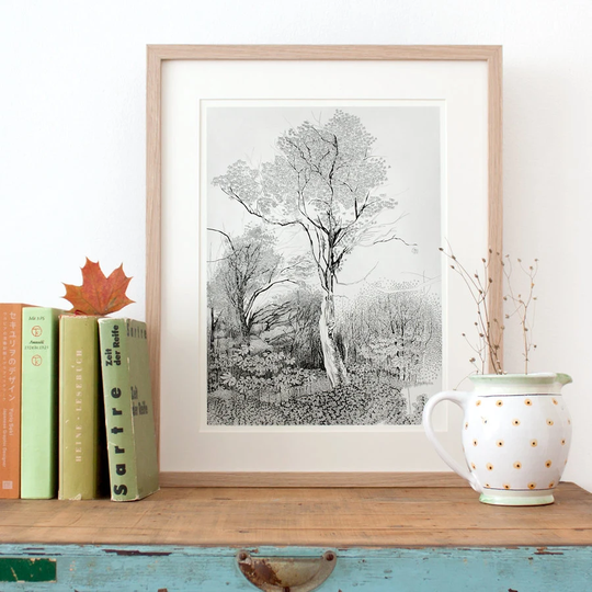 Tree Drawing, Fine Art Print, Woodland Decor, Beautiful Forest Pencil Illustration, Fall Art Hygge Print, Livingroom Picture, Black White