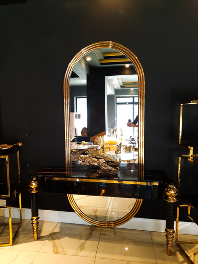 Titanium Gold Console Table & Mirror Set, Polished Stainless Steel Mirror, Contemporary Table, Wooden Entry