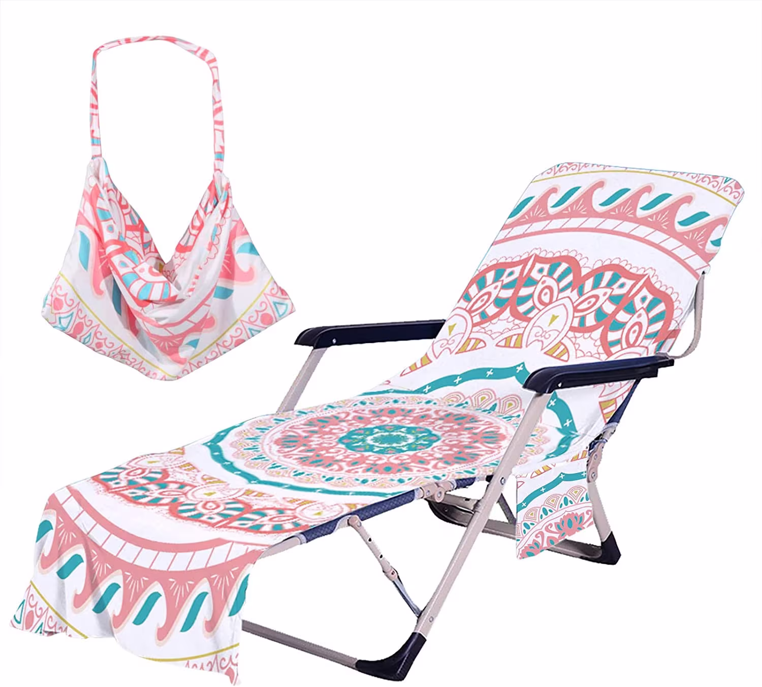 Boho Lounge Chair Cover, Pool Towel, Chaise Cushion With Side Pockets, Beach Outdoor Cover