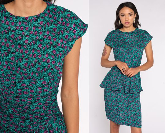 Floral Peplum Dress 80S Turquoise Cap Sleeve Pencil Wiggle Midi 1980S Fitted High Waist All That Jazz Blue-Green Small S