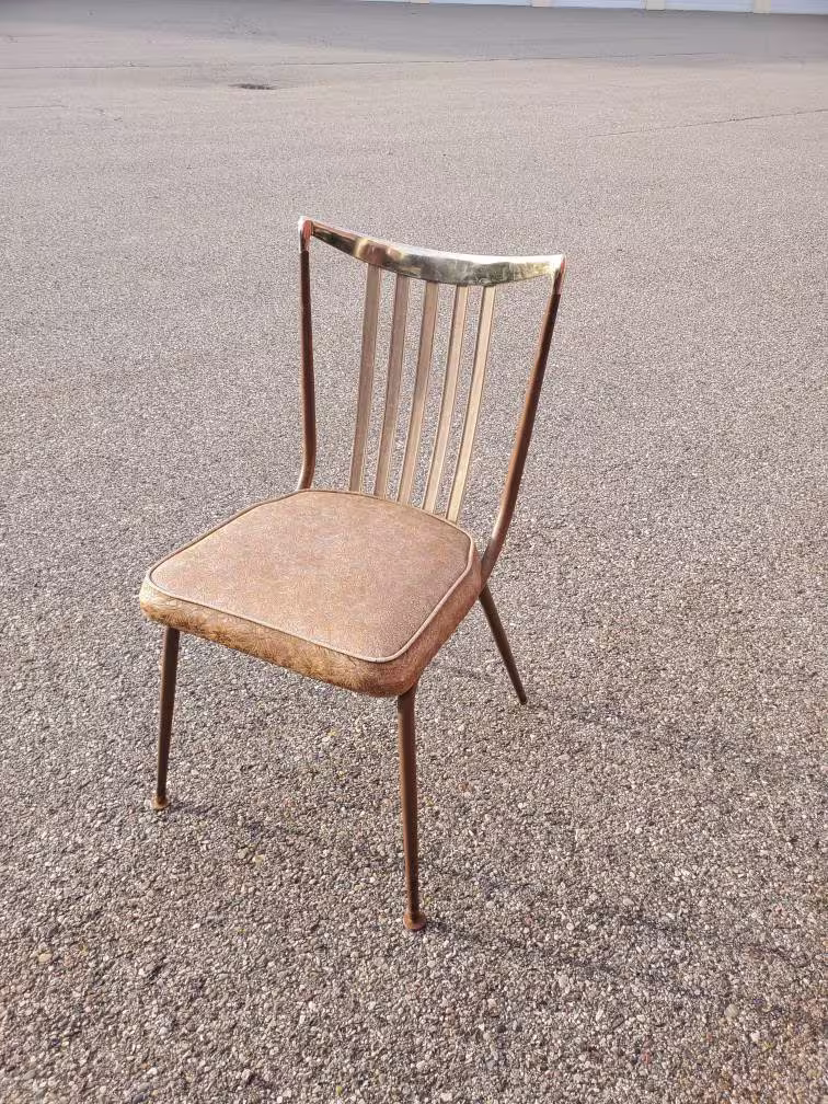 Daystrom, Mid Century Modern, Brass, Wood & Gold Vinyl, Kitchen Dining Chair, Floral Seat Design, Art Deco Style, Rare Find