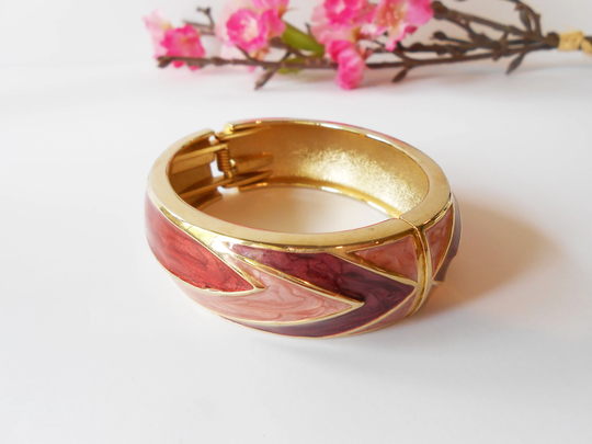 Colorful Cuff Bracelet, Pink Red Plum Raised Cuff, Hinged Enamel Jewelry Gift For Her