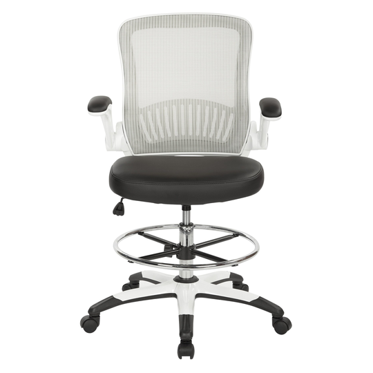 Mesh Back Drafting Chair with Black Faux Leather Seat and Adjustable Footring