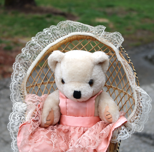 Bear in A Chair Pink Lace & Faux Satin Outfit Wicker Has White Trim Dolls Teddy Dears Miniatures