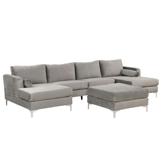 U Shaped Couch Sofa Modern Velvet Fabric Couch Reversible Chaise Sofa with Ottoman for Living Room