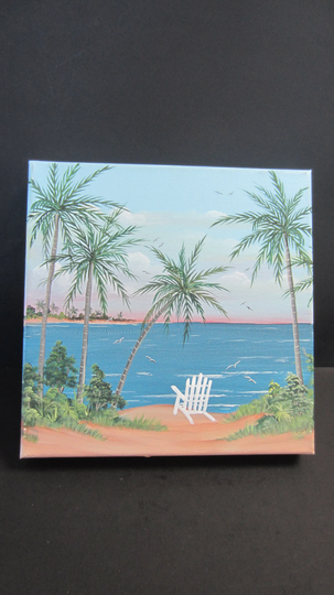 Beach Chair, Palm Tree Scene Hand Painted On Canvas Wood Framed One Of A Kind Ready To Hang