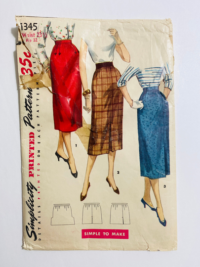Simplicity 1345 Waist 23.5" Vintage 1950S Sewing Pattern 1955 50S Waistband Hip Detail Pencil Skirt