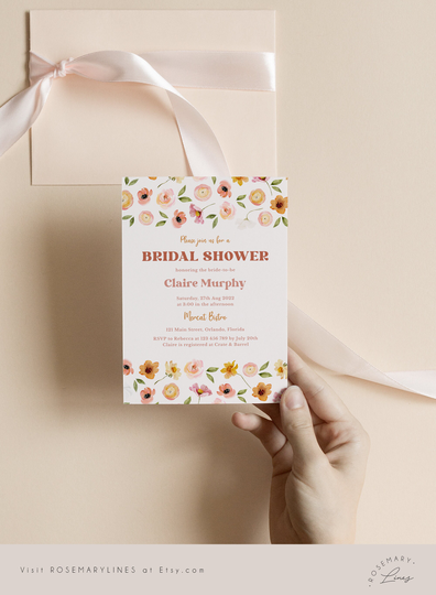 Spring Summer Colorful Floral Bridal Shower Invitation Template, Bright Invites, Boho Warm Spring Wildflowers #165