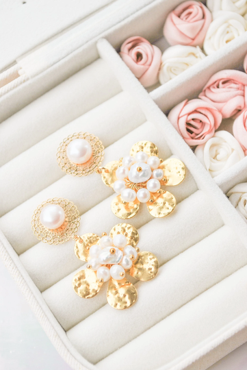 Flower Earrings, Gold Earrings, Statement Earrings, Dangle Earrings, Pearl Earrings, Handmade Earrings, Beaded Earrings