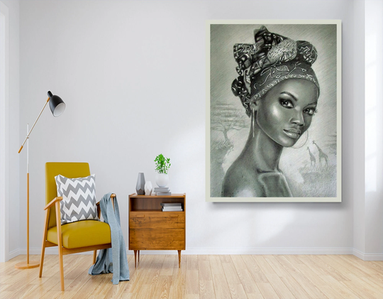 African Woman Canvas Painting, Black Pencil Work Ethnic Canvas, South Art, Large Colored