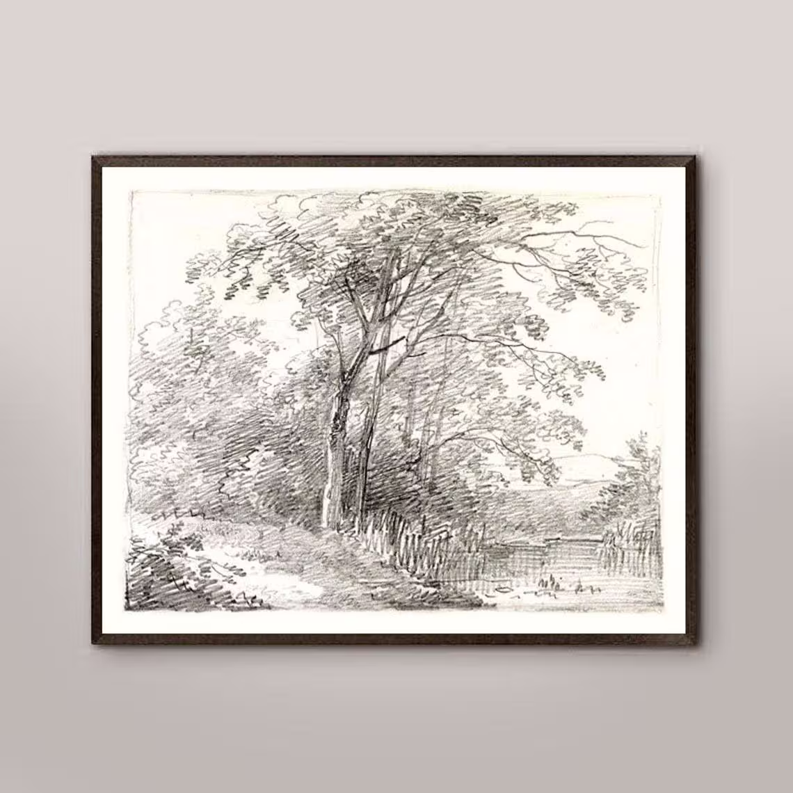 Pencil Sketch Landscape Art Print, Home Decor, Landscape Vintage Forest Drawing, Neutral Lake