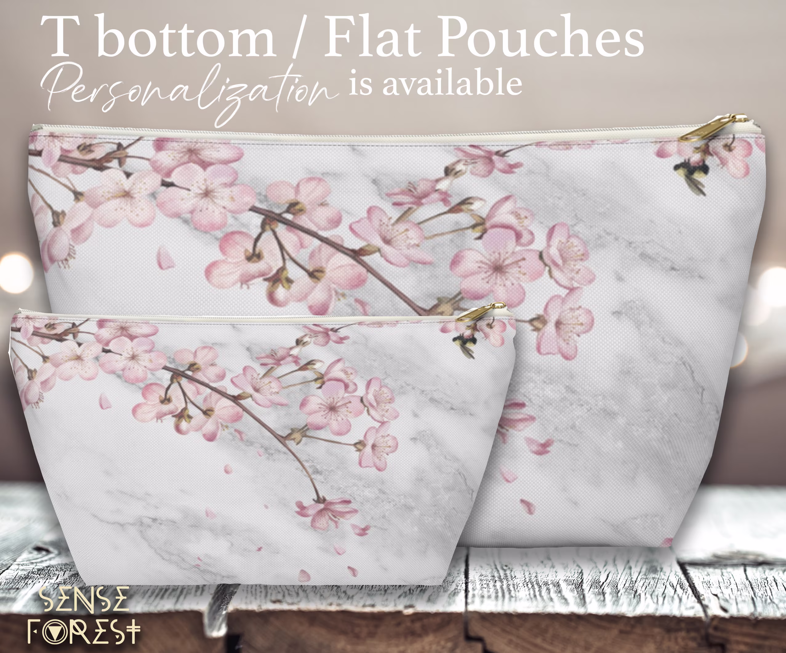 Marble Cherry Blossom Pencil Pouch, Cute Cosmetic T Pouch, Travel Makeup Bag, Essential Oil Zipper Toiletry Organizer