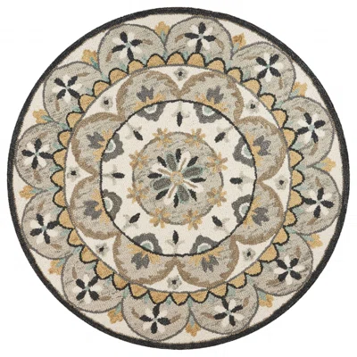 4' Round Gray And Ivory Floral Bloom Area Rug
