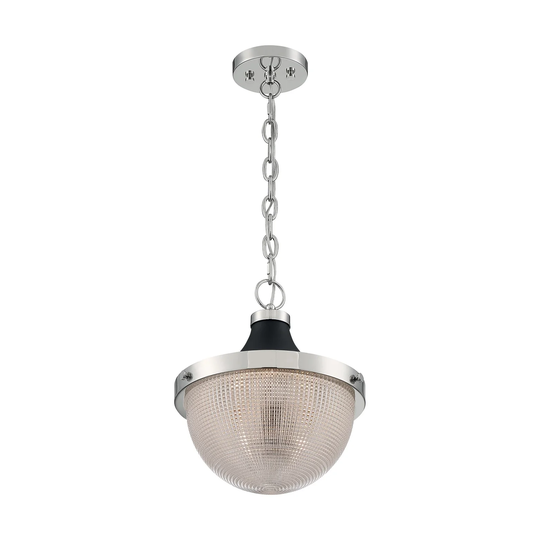 Faro 1-Light Large Pendant Fixture - Polished Nickel Finish with Black Accents Clear Prismatic Glass