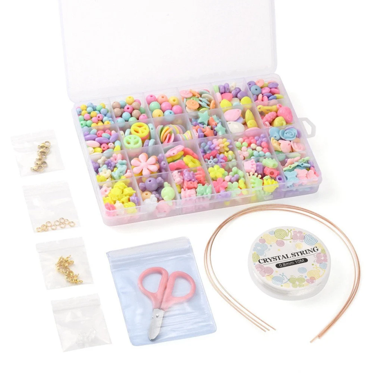 About 595 Pieces Colorful Jewelry & Hair Making Diy Kit For Kids, Acrylic Beads, Steel Jump Rings, Scissors, Iron Head Band, Mixed Colors