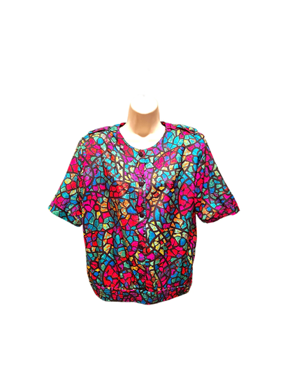 Gianna Colorful Mosaic Abstract Vintage Short Sleeve Blouse Top Size 14, Mexican Rainbow Blouse, Retro