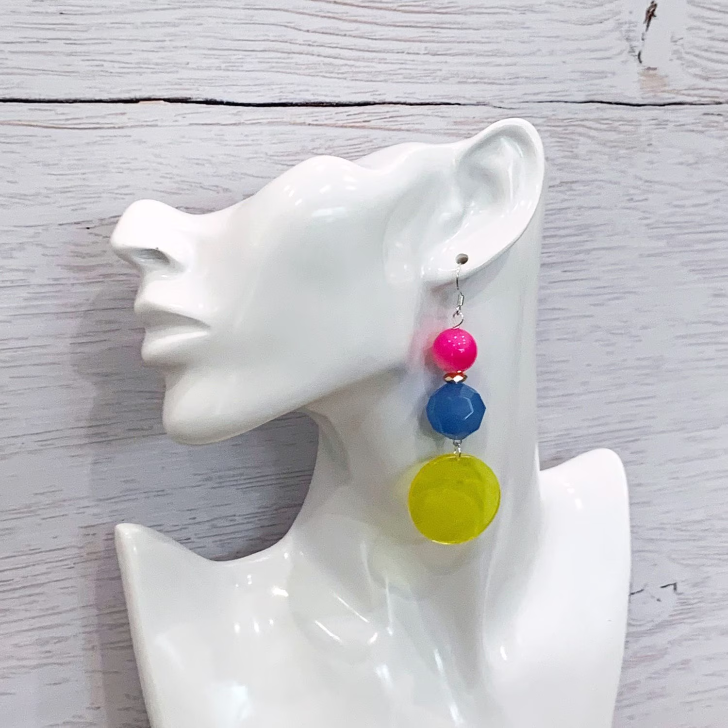 Colorful Earrings, Statement Bright Colors Lucite Pink Yellow Blue Neon Earrings Dangle