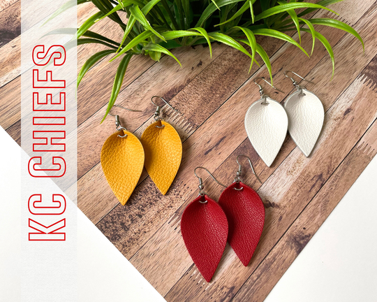Team Colors Leather Earring Set, Leaf & Teardrop Genuine Earrings, Custom Sets, Choose Three Colors, Chiefs Earrings
