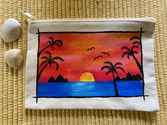 Hand Painted Tropical Caribbean Sunset Bag Pencil Pouch With Palm Trees