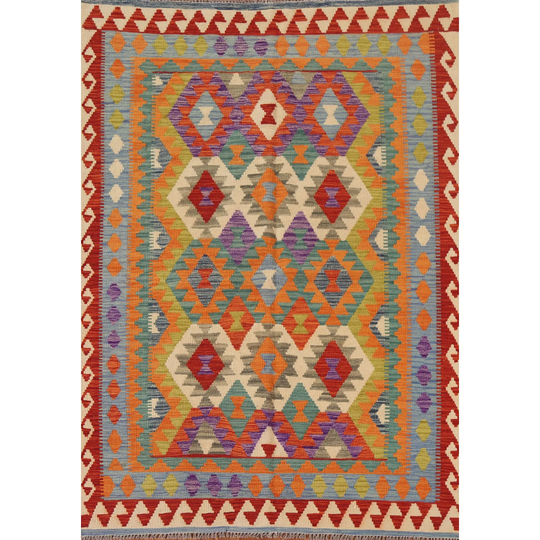Colorful Kilim Area Rug Flat-weave Wool Carpet - 5'1" x 6'7"