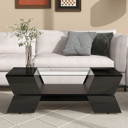 Glass-Top Coffee Table with Open Shelves and Cabinets, Geometric Style Cocktail Table, Modernist 2-Tier Center Table