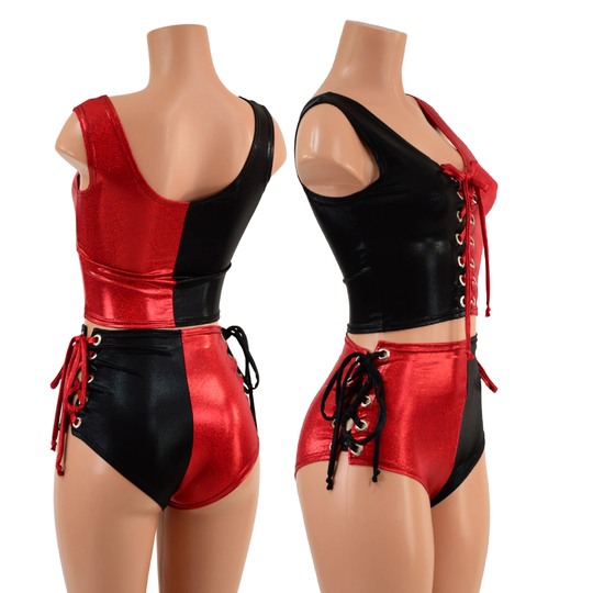 Harlequin Red & Black Lace Up Crop Tank Siren Shorts Set in Sparkly Jewel Mystique Emk157694