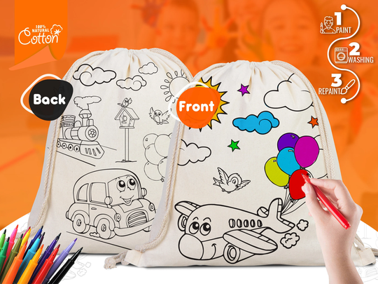 Coloring Plande & Car, Kids Bag, Art Set, Cotton Drawstring Bags For & Schools, Art, Bulk Order Available