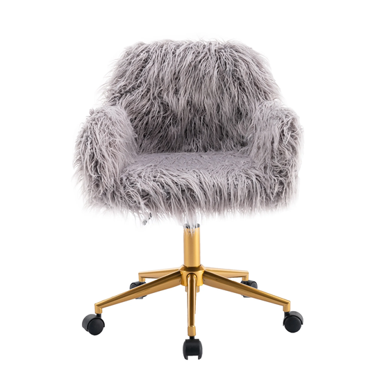 Modern Faux fur home office chair, fluffy chair for girls, makeup vanity Chair with Gold / Silver Plating Base