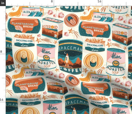 Space Food Fabric By The Yard | Cosmic Vintage Canned Goods Print To Order Outer