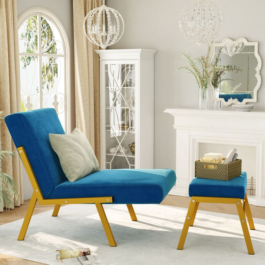 Modern Comfortable Velvet Chair and Footrest/Ottoman Set, Lounge Accent Chair with Footstool, Leisure Reading Play Game